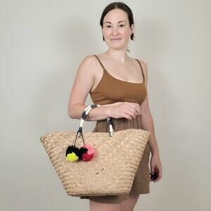 Gap Straw Pom Pom Basket Bag Tan Multi